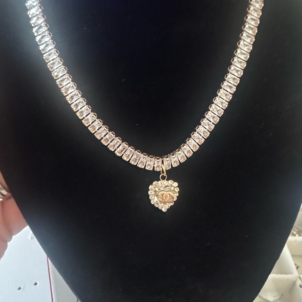 Gold-Tone Heart Pendant Tennis Necklace - Women Jewelry - Picture 5 of 9